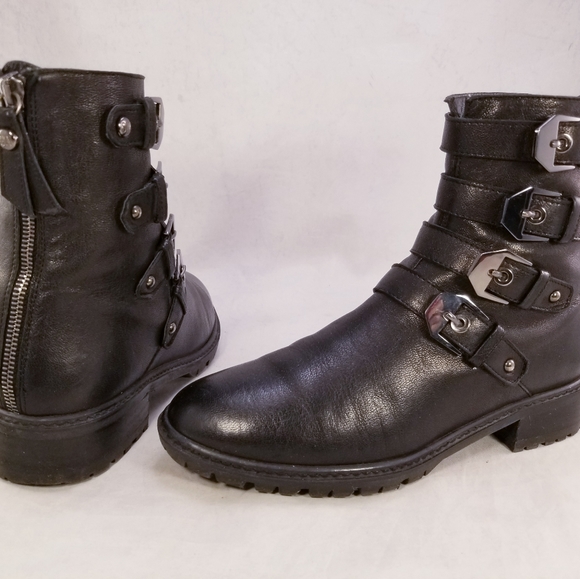 STUART WEITZMAN 4 BUCKLES STRAP BACK ZIPPER BLACK LEATHER WOMEN BOOTS SIZE 6.5 M - Picture 6 of 11
